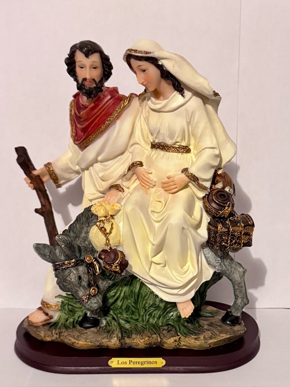 Religious Nativity Figurine — Pilgrims on Donkey in Ivory & Gold. Holy Family
